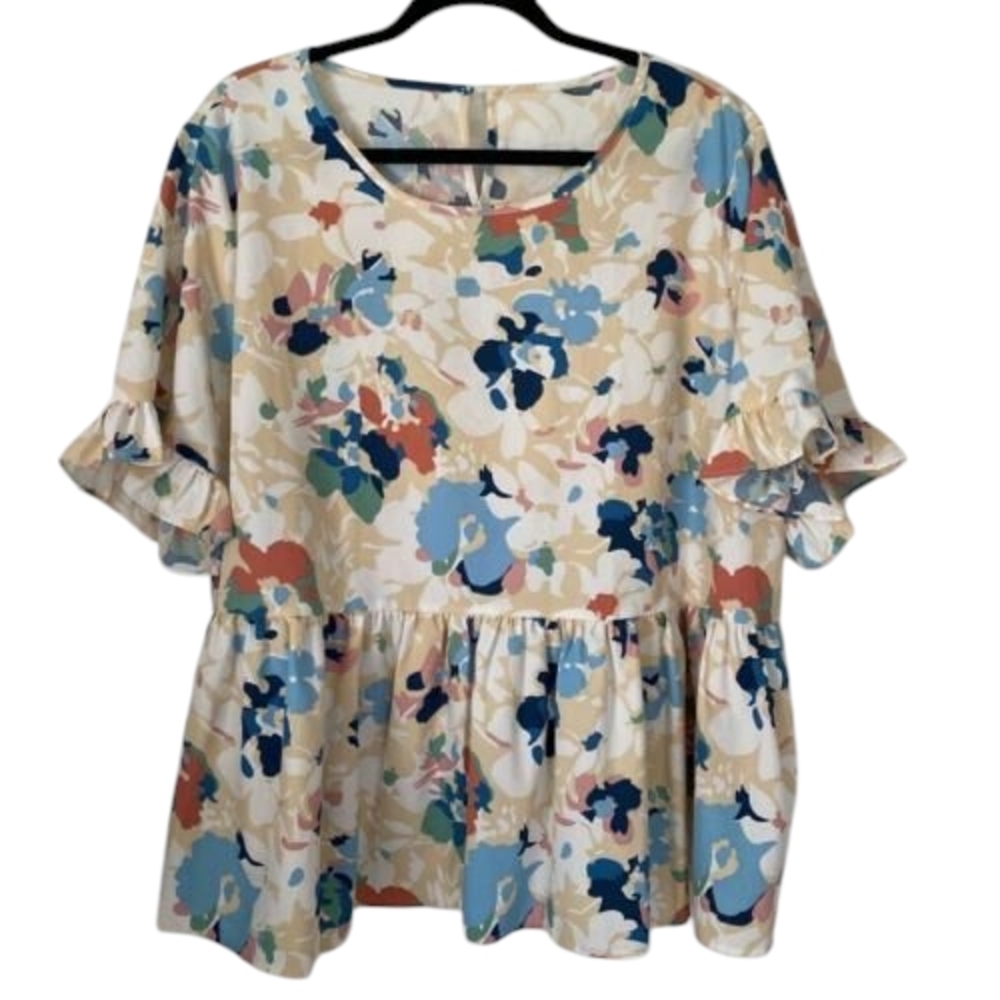 Floral Ruffle Sleeve Top Fits 1X